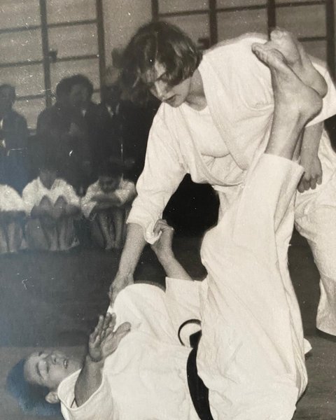 Linda demonstrating judo with her instructor, Soesterberg, 1969